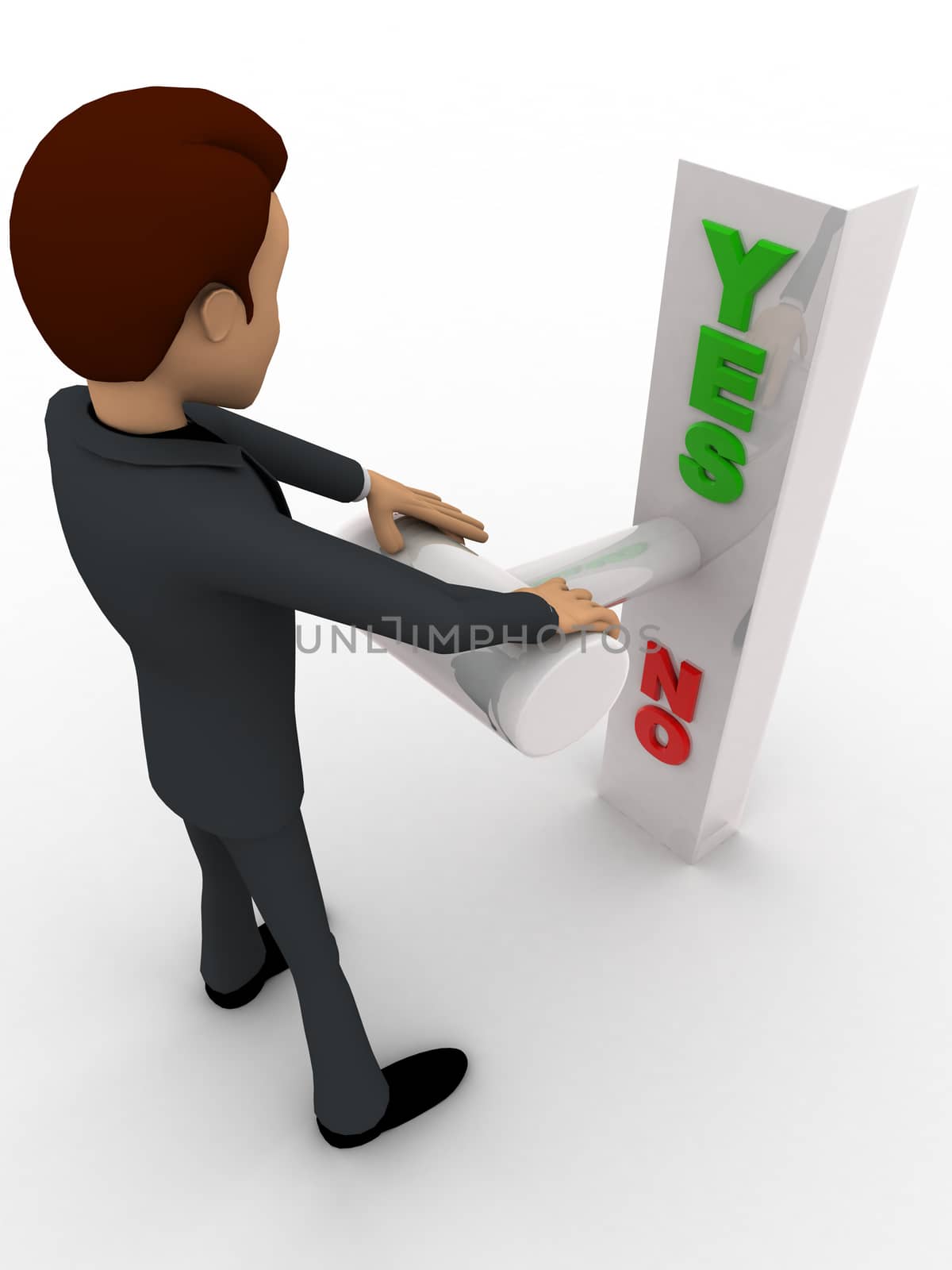 3d man pressing yes no button concept on white background,  top angle view