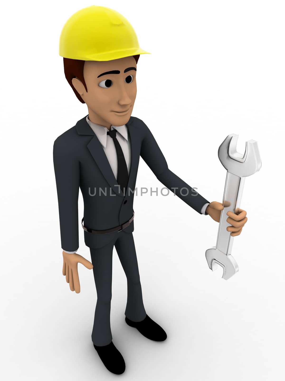 3d man standing with wrench in hand concept on white background, top angle view
