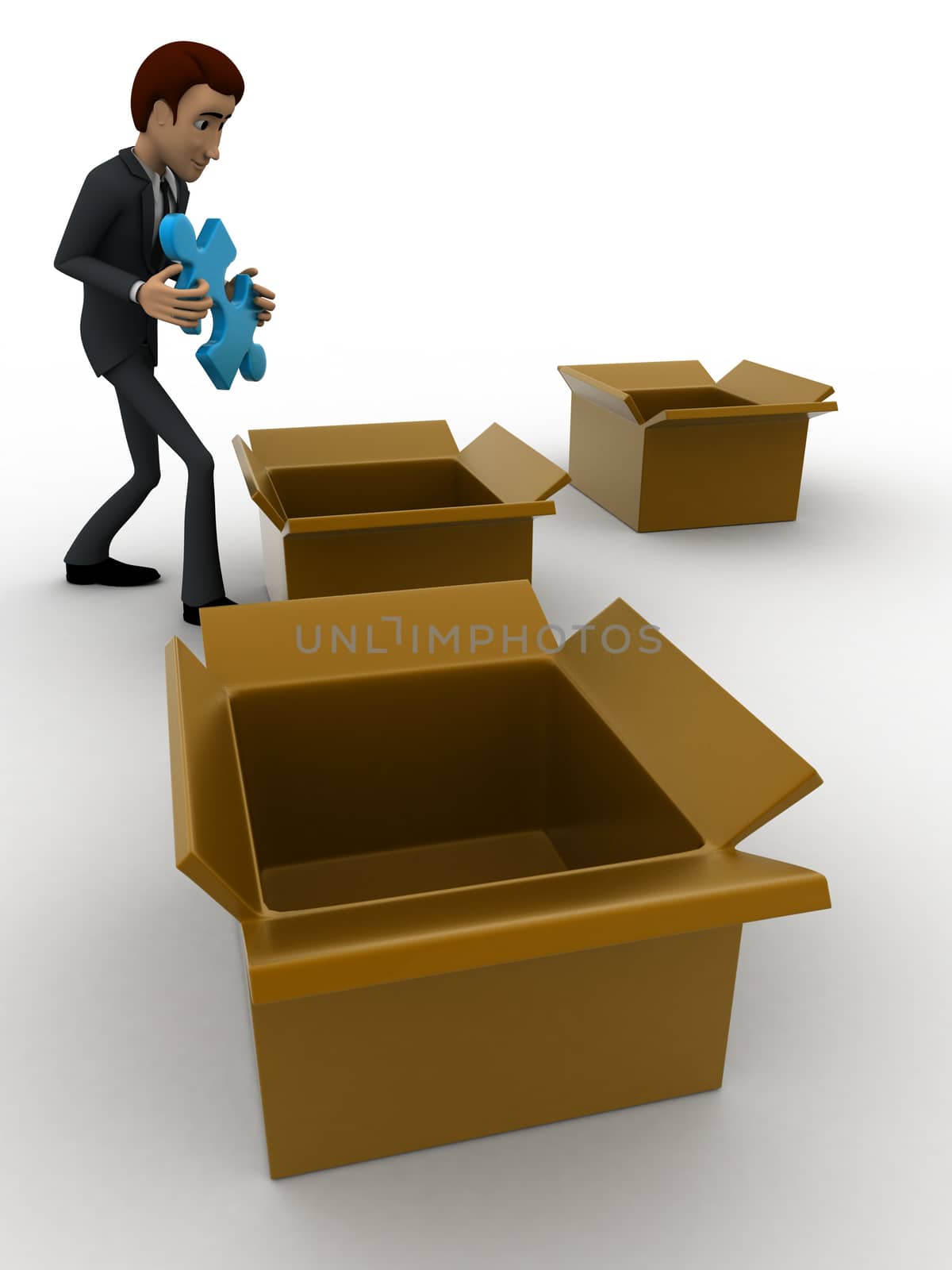 3d man taking out blue puzzle from box,s concept on white background, side angle view