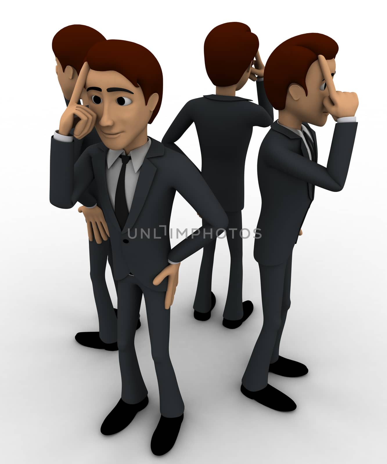 3d men in serious thinking concept on white background, top  angle view