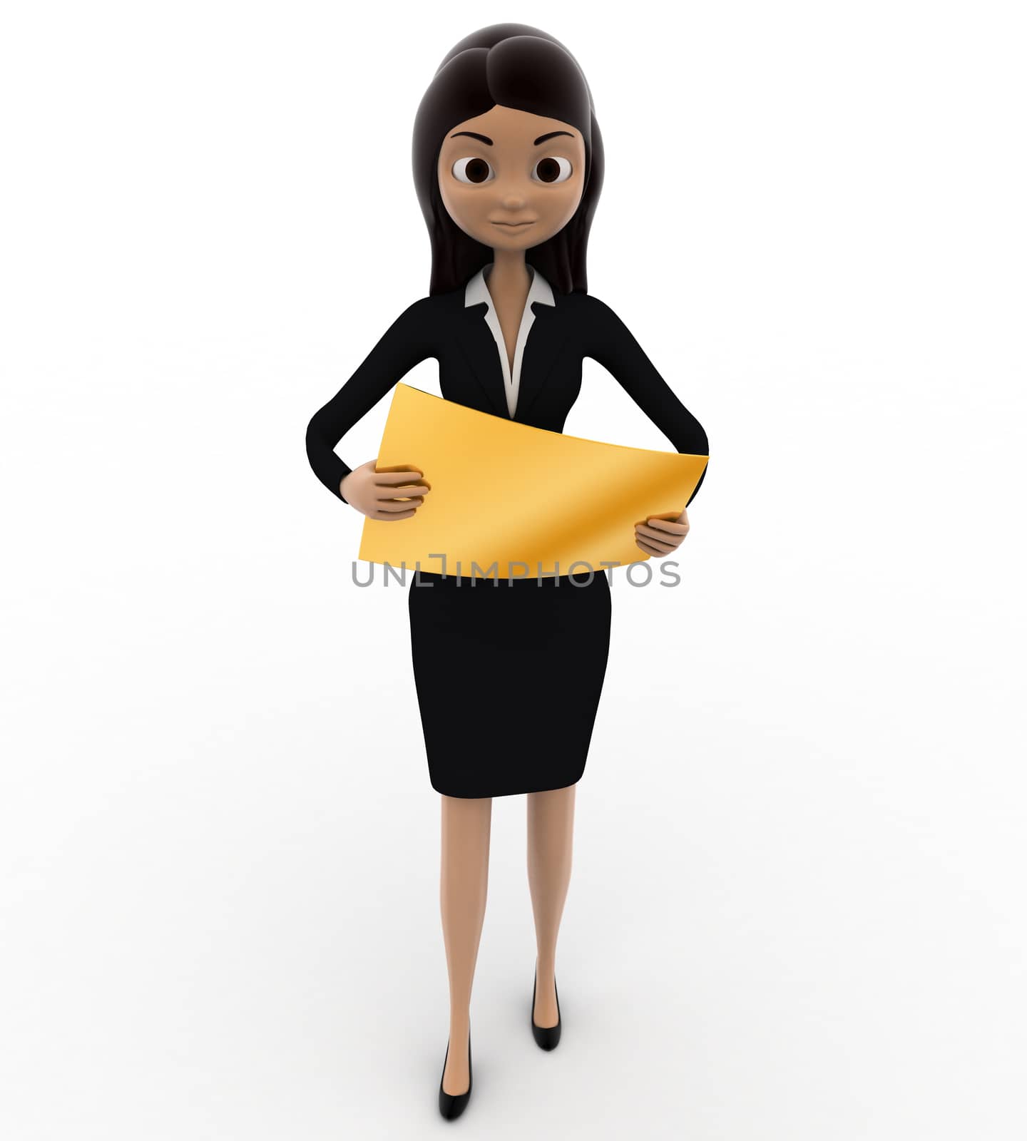 3d woman standing with golden paper in hand concept on white background, front angle view