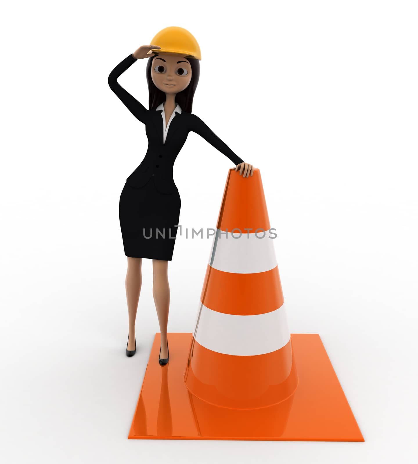 3d woman standing with traffic cone concept on white background, front angle view