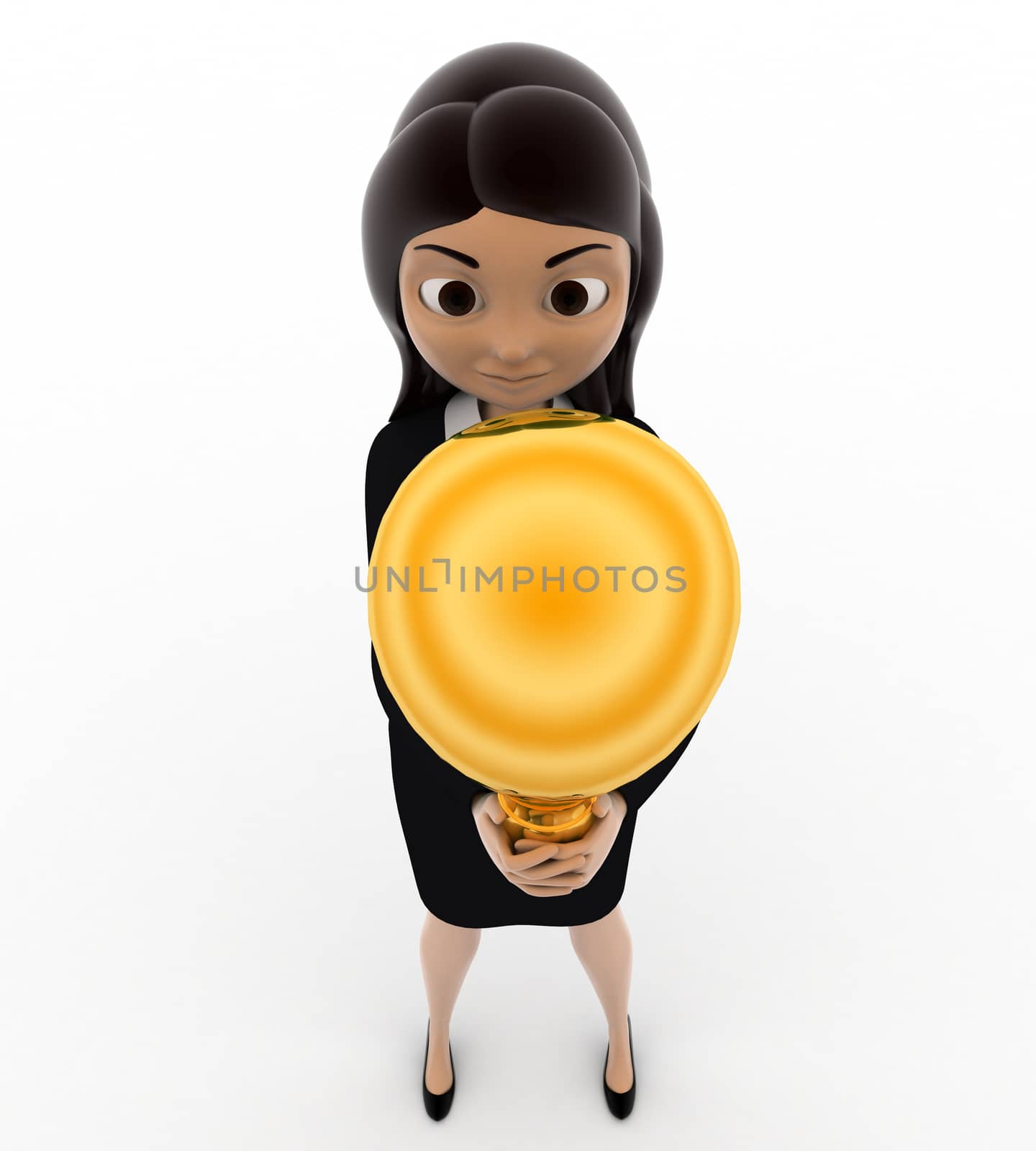 3d woman standing with medal concept on white background, front angle view