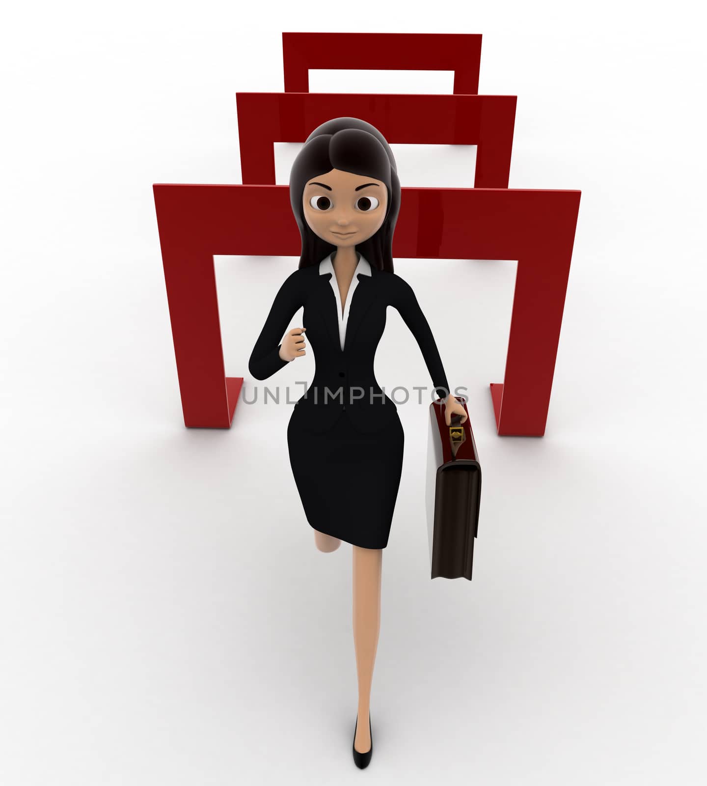 3d woman crossing hurdles concept on white background, front angle view