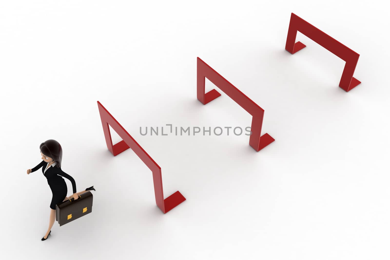 3d woman crossing hurdles concept on white background,  top angle view