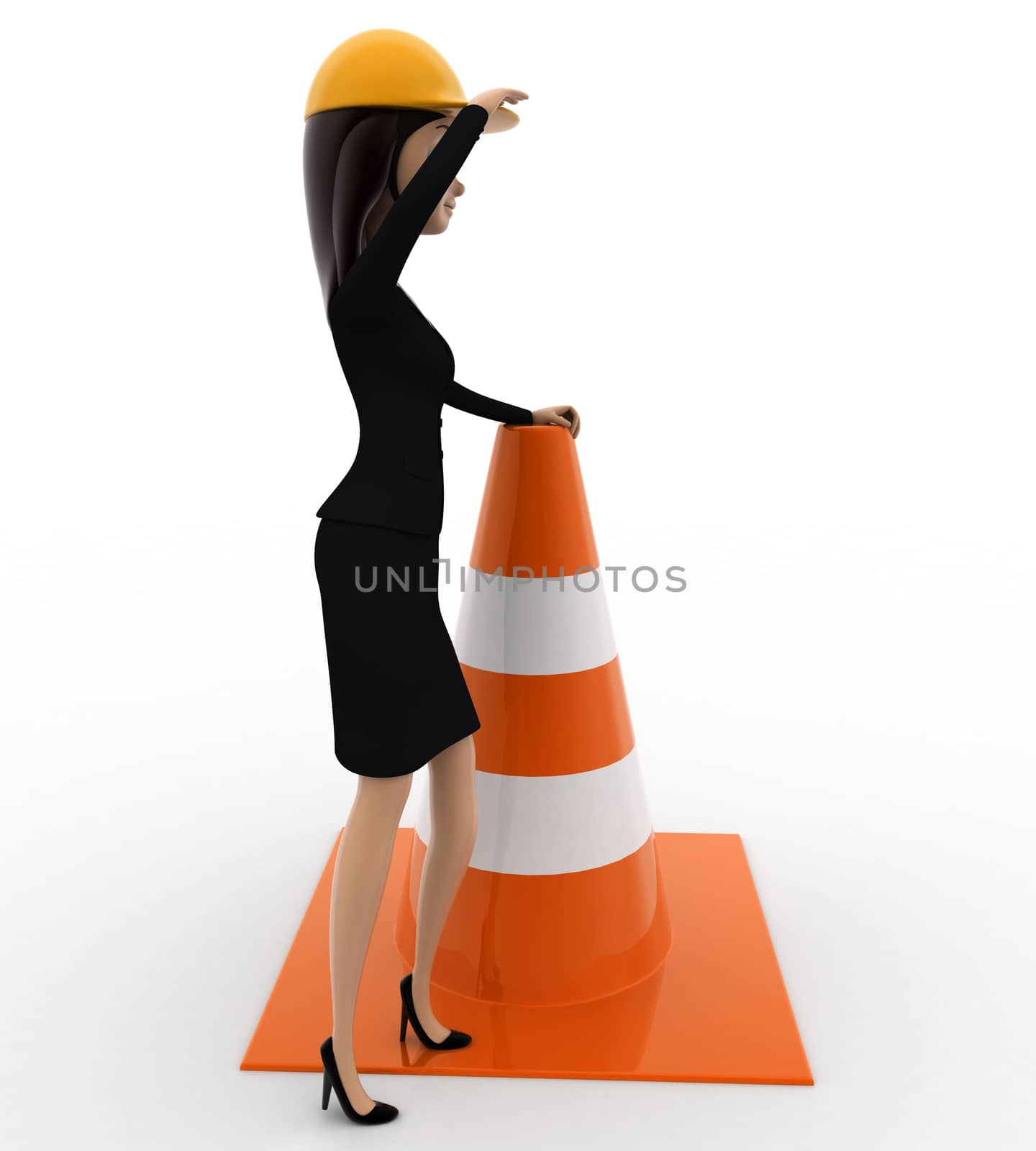 3d woman standing with traffic cone concept by touchmenithin@gmail.com