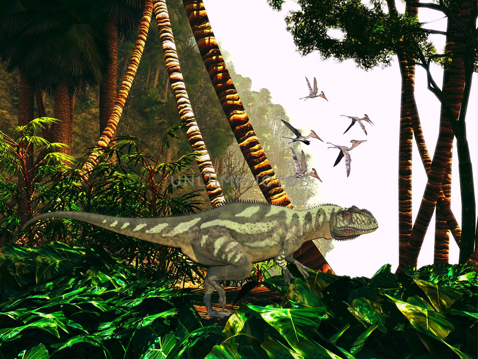 A Yangchuanosaurus hunts through heavy jungle foliage for prey as a flock of Pterodactylus reptiles keep close watch on him.