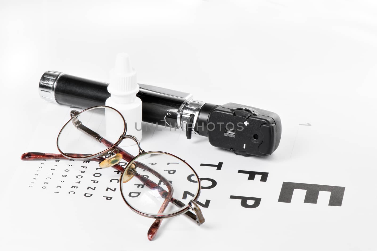 Glasses, ophthalmoscope and a bottle of eye drops are on a vision test