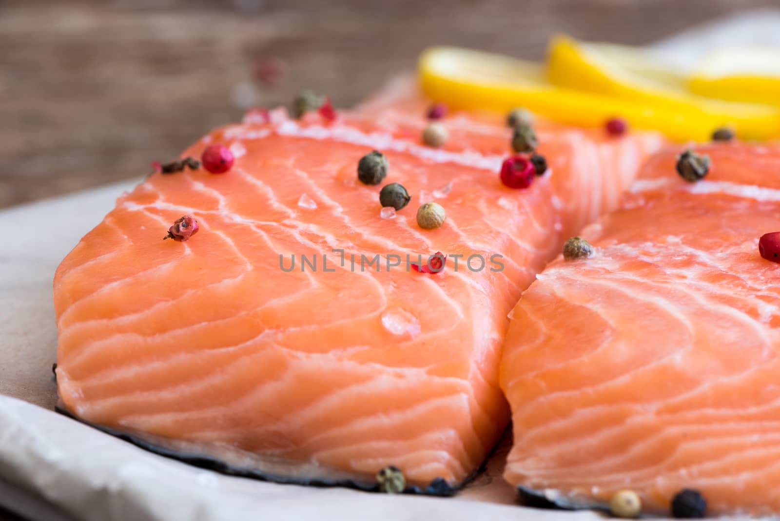 Raw Salmon Fish Fillet with Lemon and Spices Ready for Cooking