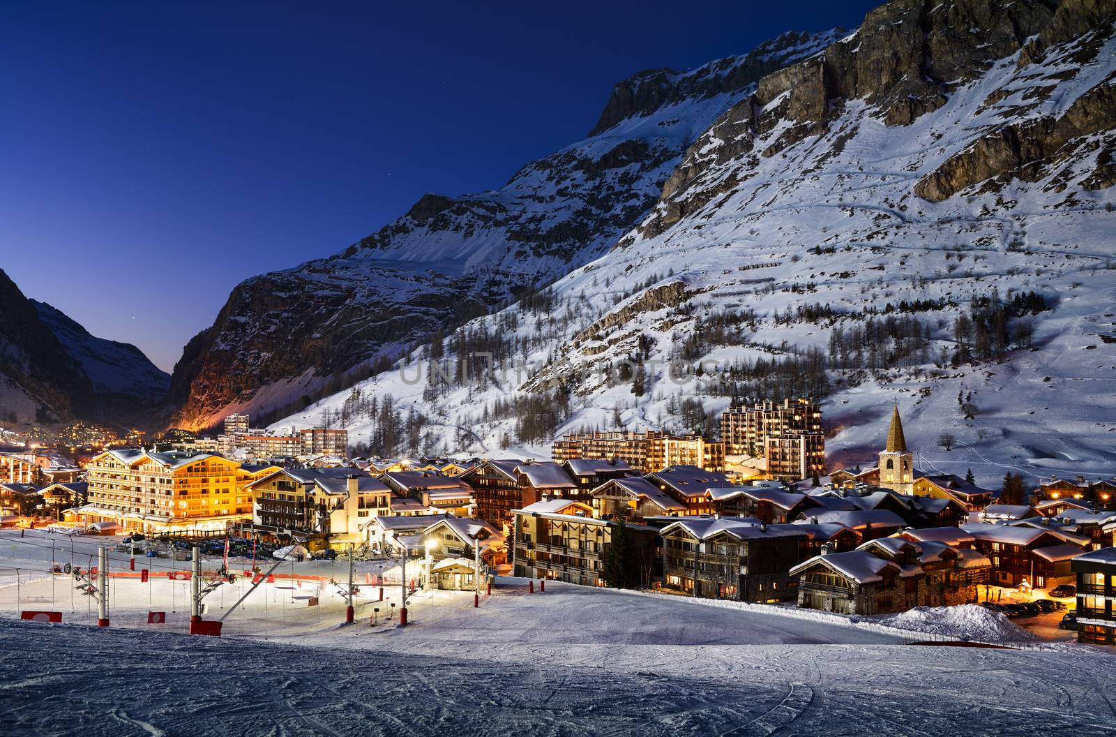 Famous and luxury place of Val d'Isere at sunset, Tarentaise, Alps, France