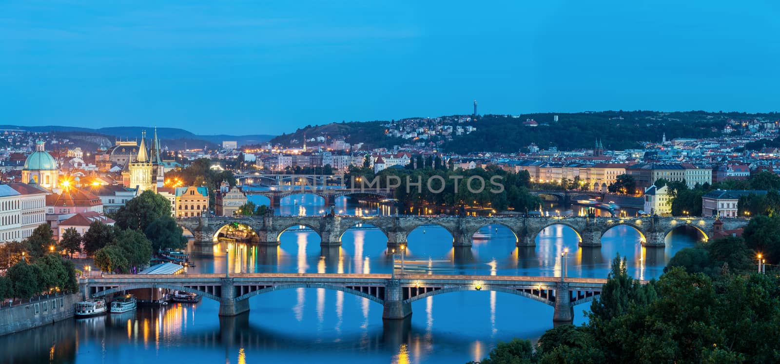 Panorama view of Bridges on Vltava, Prague at dusk