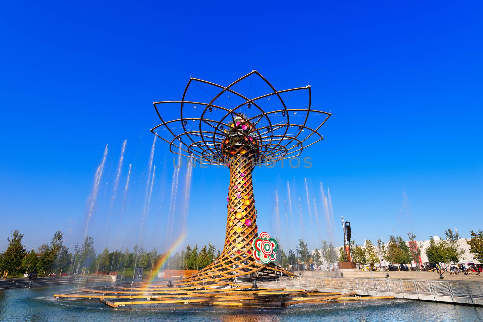 MILAN, ITALY - AUGUST 31, 2015: The tree of life during water play show at Expo Milano 2015, universal exposition on the theme of food, in Milan, Lombardy, Italy, Europe