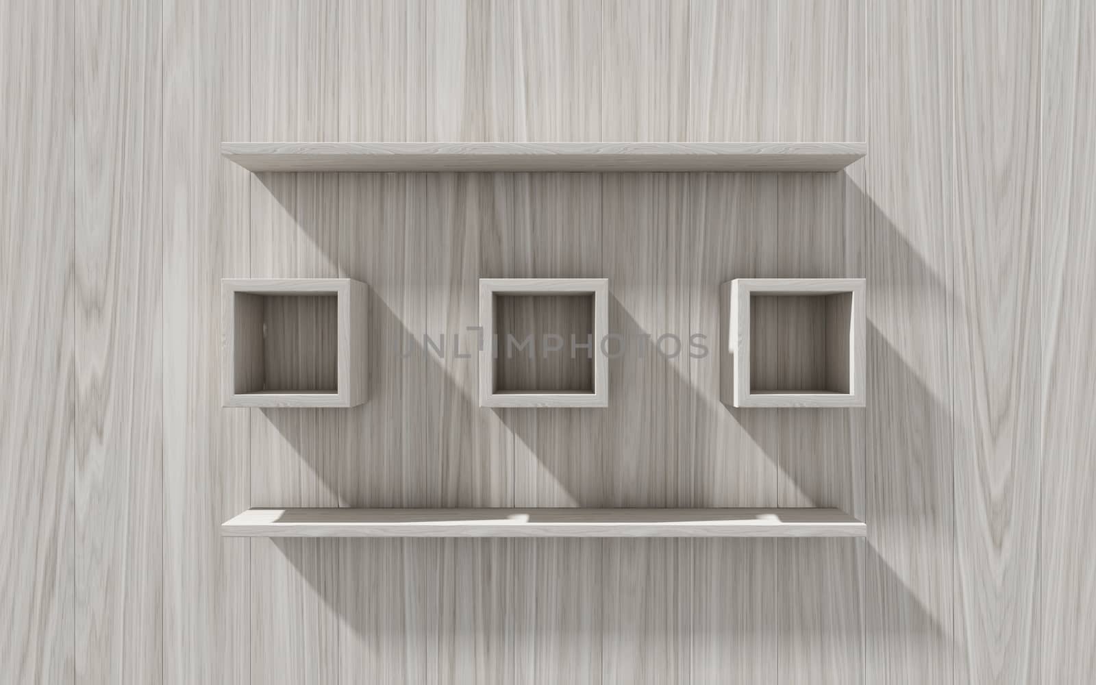3d isolated Empty shelf for exhibit on wood background by teerawit