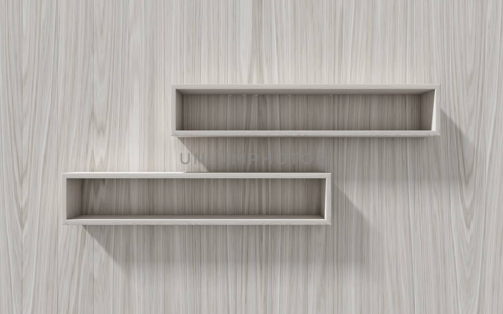 3d isolated Empty shelf for exhibit on wood background by teerawit