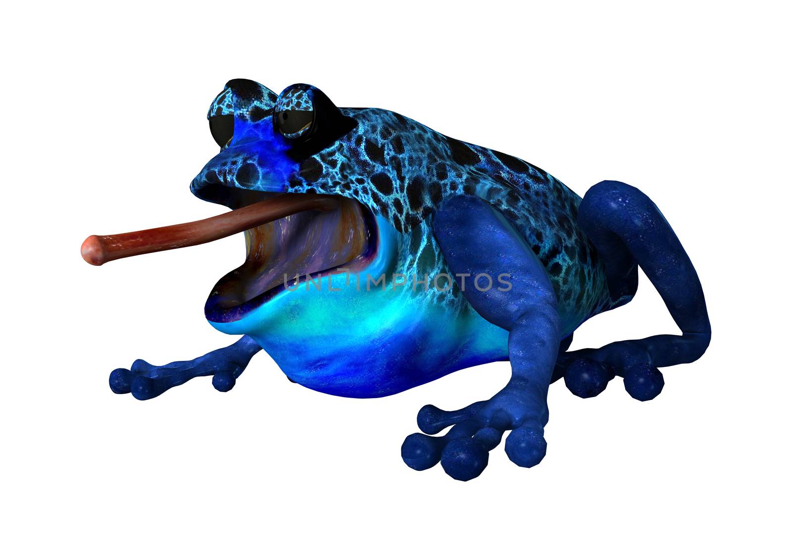 3D digital render of a cartoon blue frog isolated on white background
