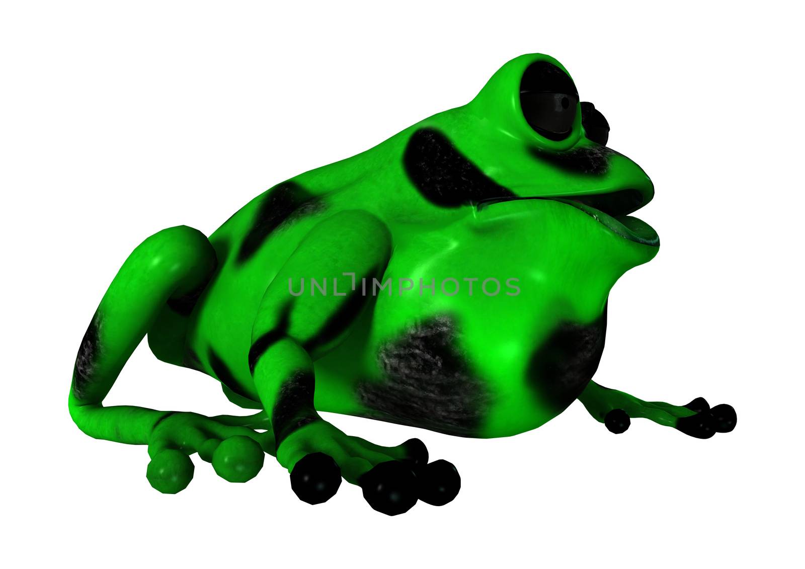 3D digital render of a green cartoon frog isolated on white background