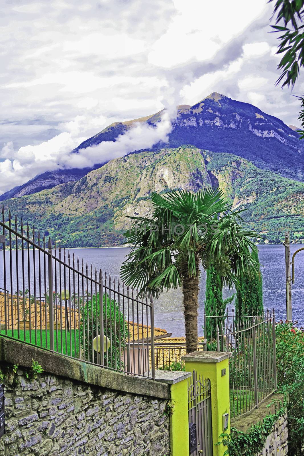 View of Lake Como from a steep street in Varenna, Italy