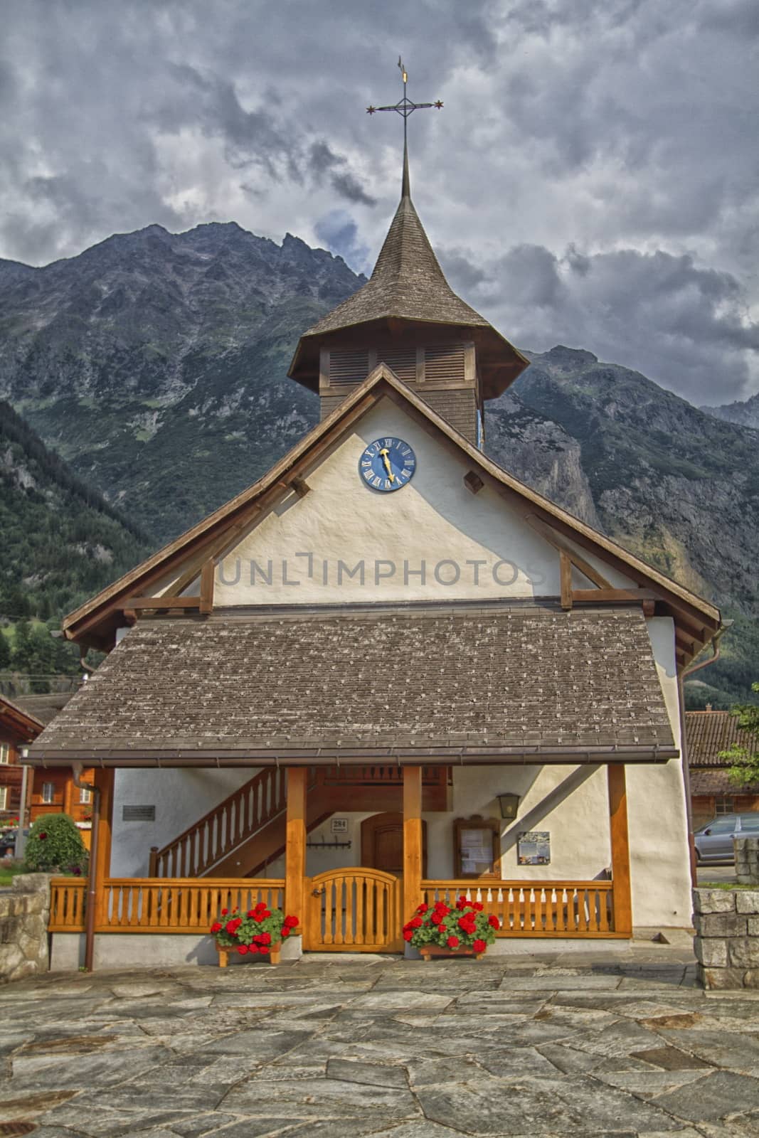 Magnificent church in Switzerland and sun