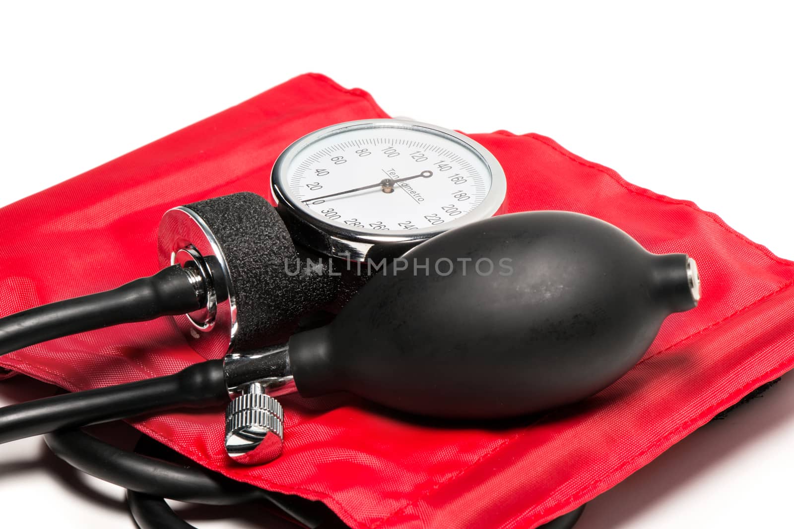 red Blood pressure cuff, close-up isolated