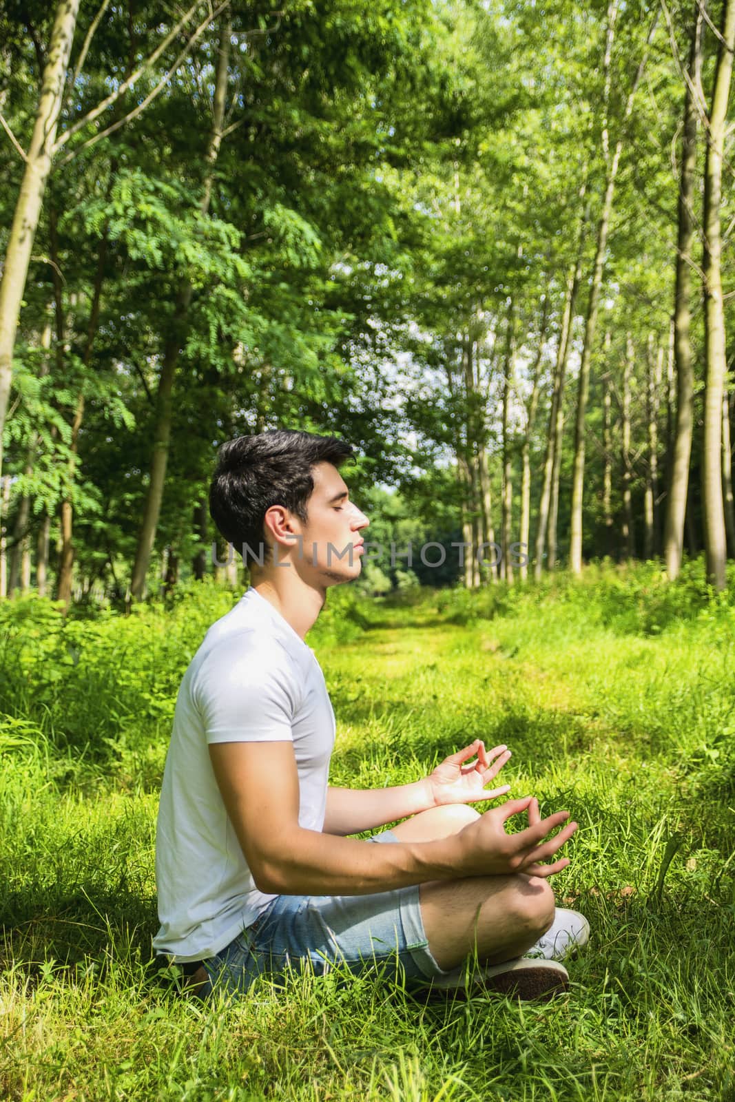 Handsome Young Man During Meditation or Doing an Outdoor Yoga Exercise Sitting Cross Legged on Grassy Ground Alone in Woods