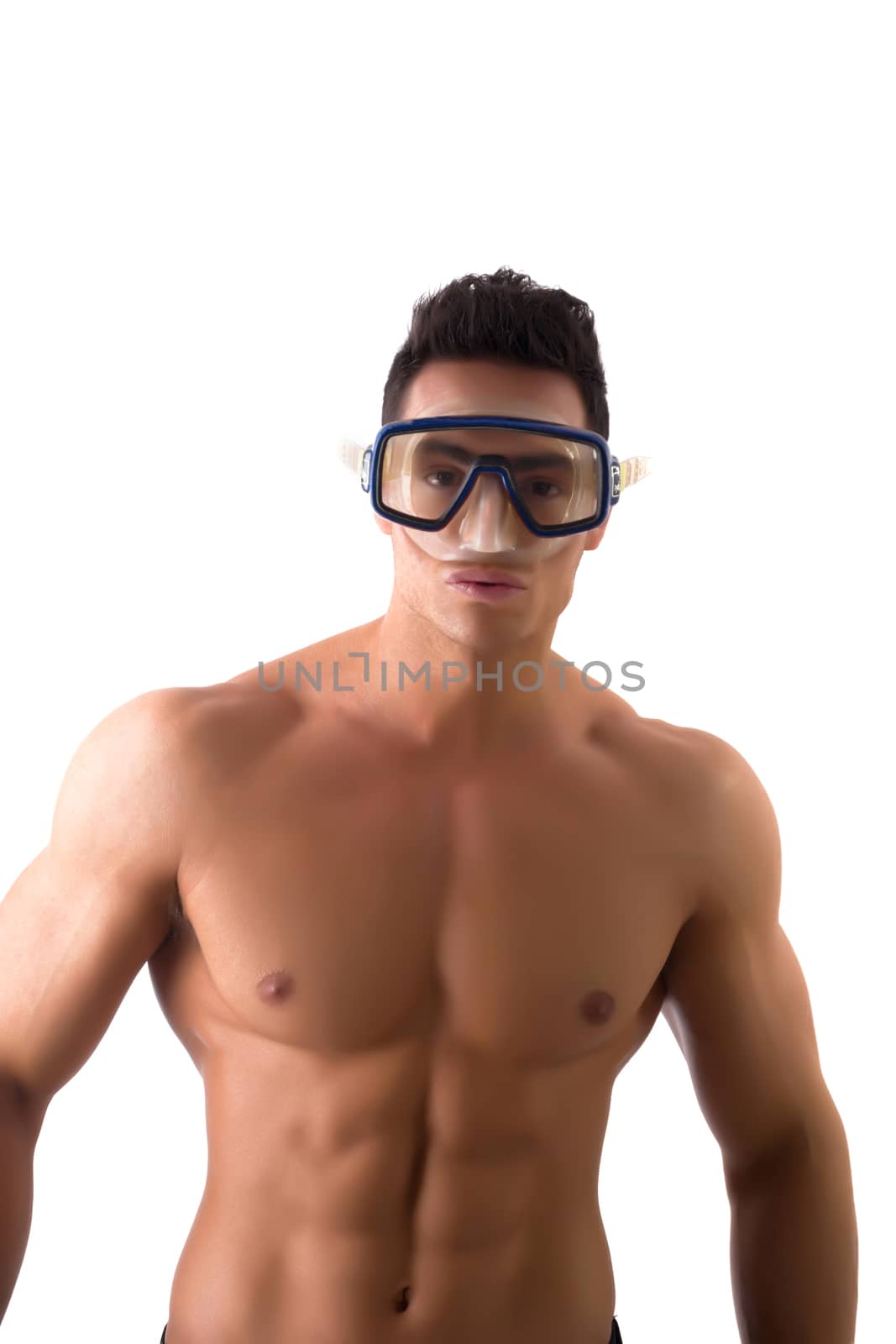 Muscular young man with swimming mask or goggles, isolated on white
