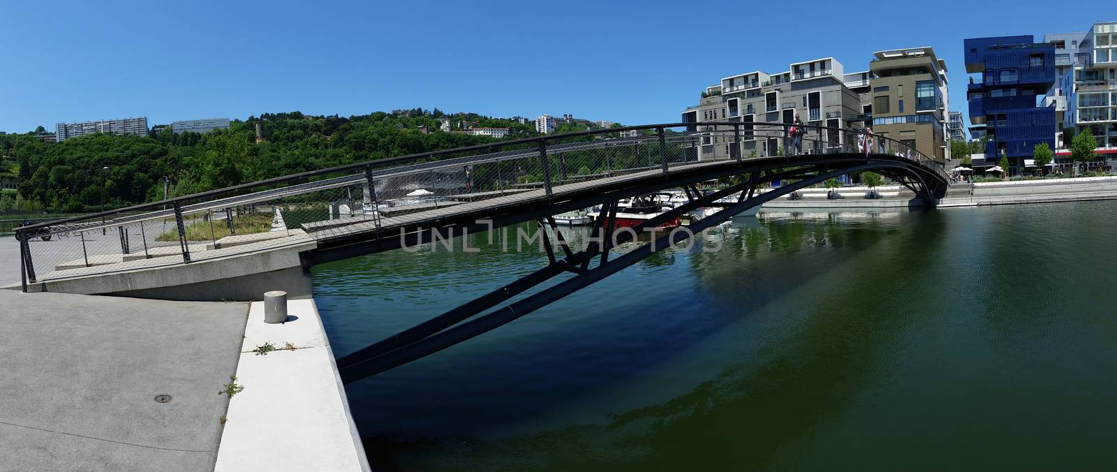 Panoramic view of a bridge in Confluence boating Place (Place Nautique) - Lyon, France