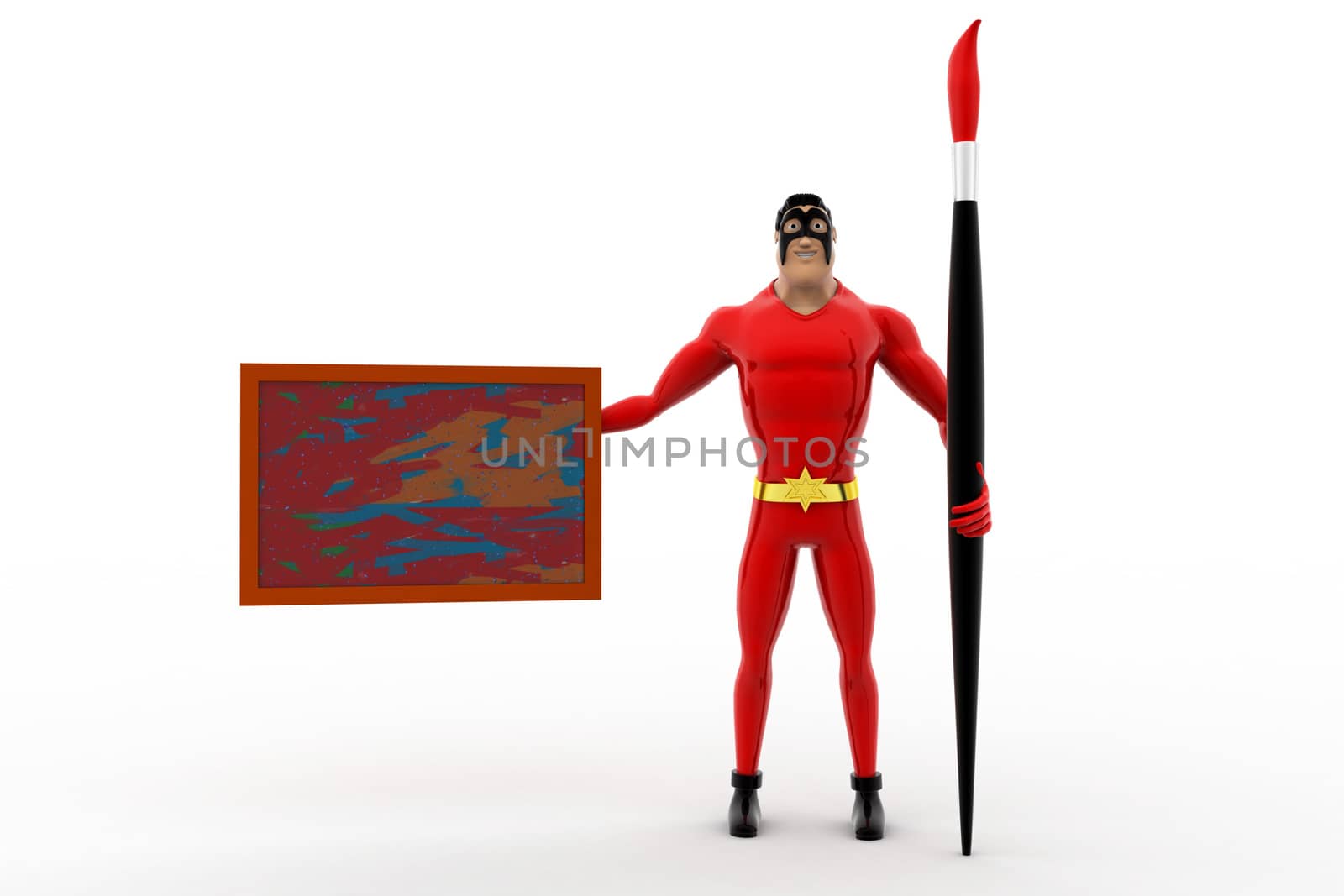 3d superhero with paint brush and borad concept on white background, front angle view