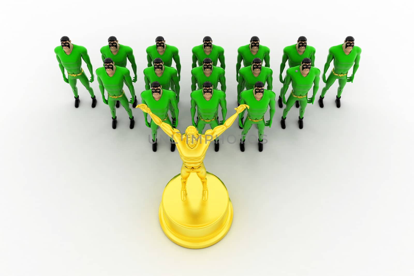 3d superhero with golden award concept on white background, top  angle view