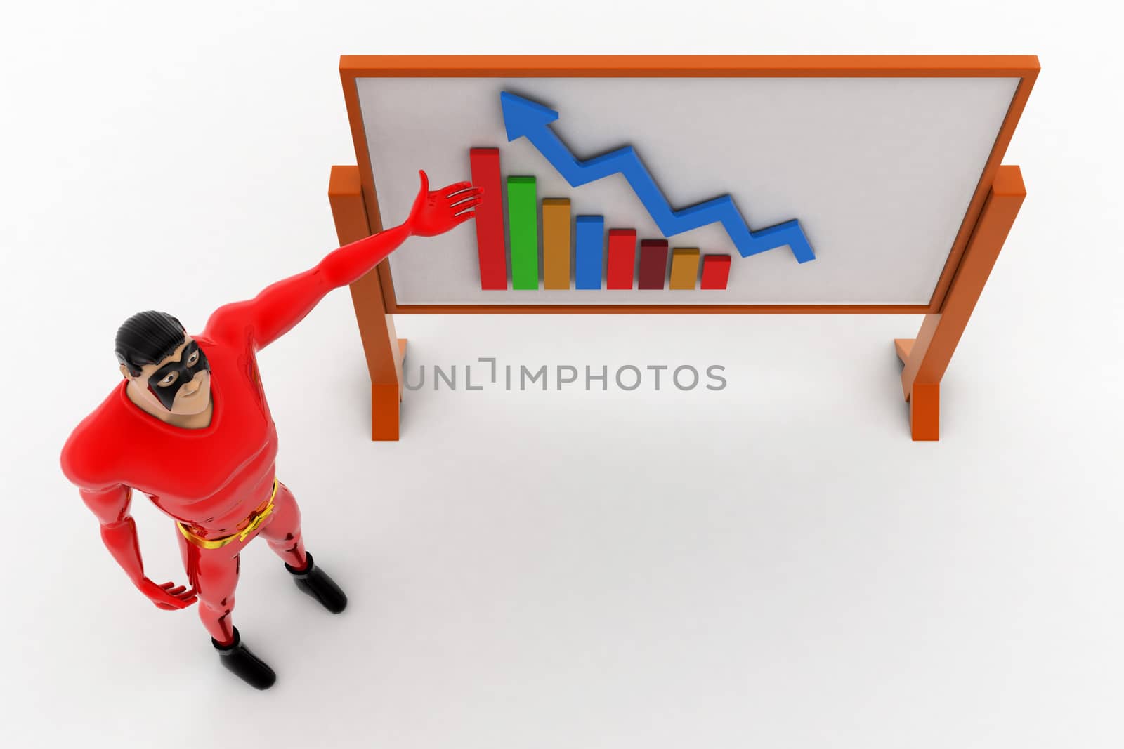 3d superhero present growth on graph on board concept by touchmenithin@gmail.com