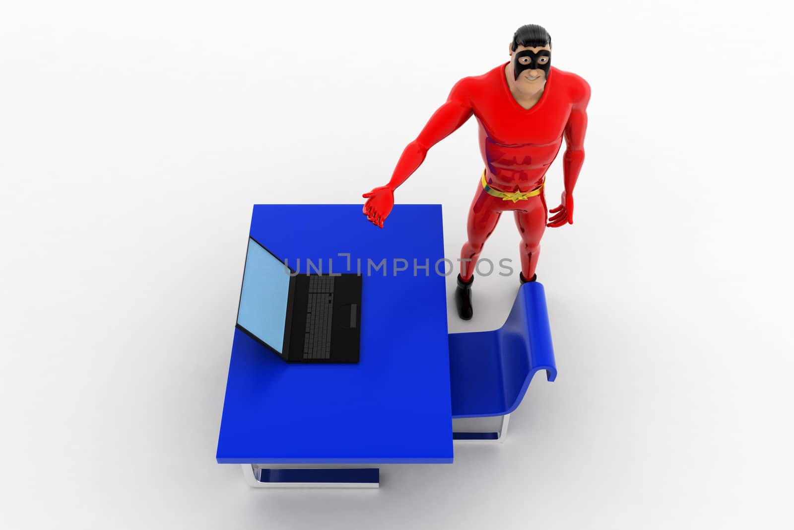 3d superhero working on laptop on office table concept on white background, top angle view