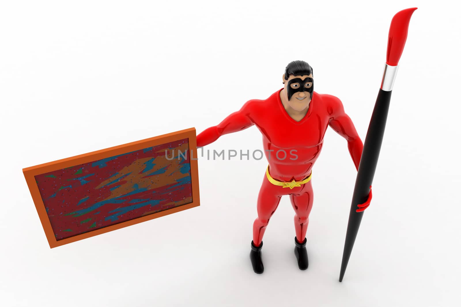 3d superhero with paint brush and borad concept on white background, top angle view