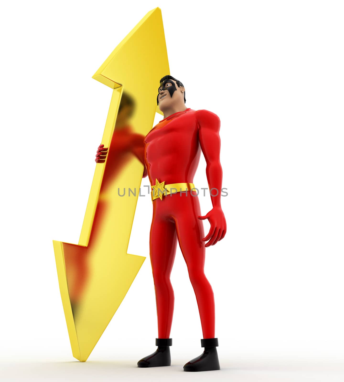 3d superhero with bidirection arrow concept on white background, side angle view