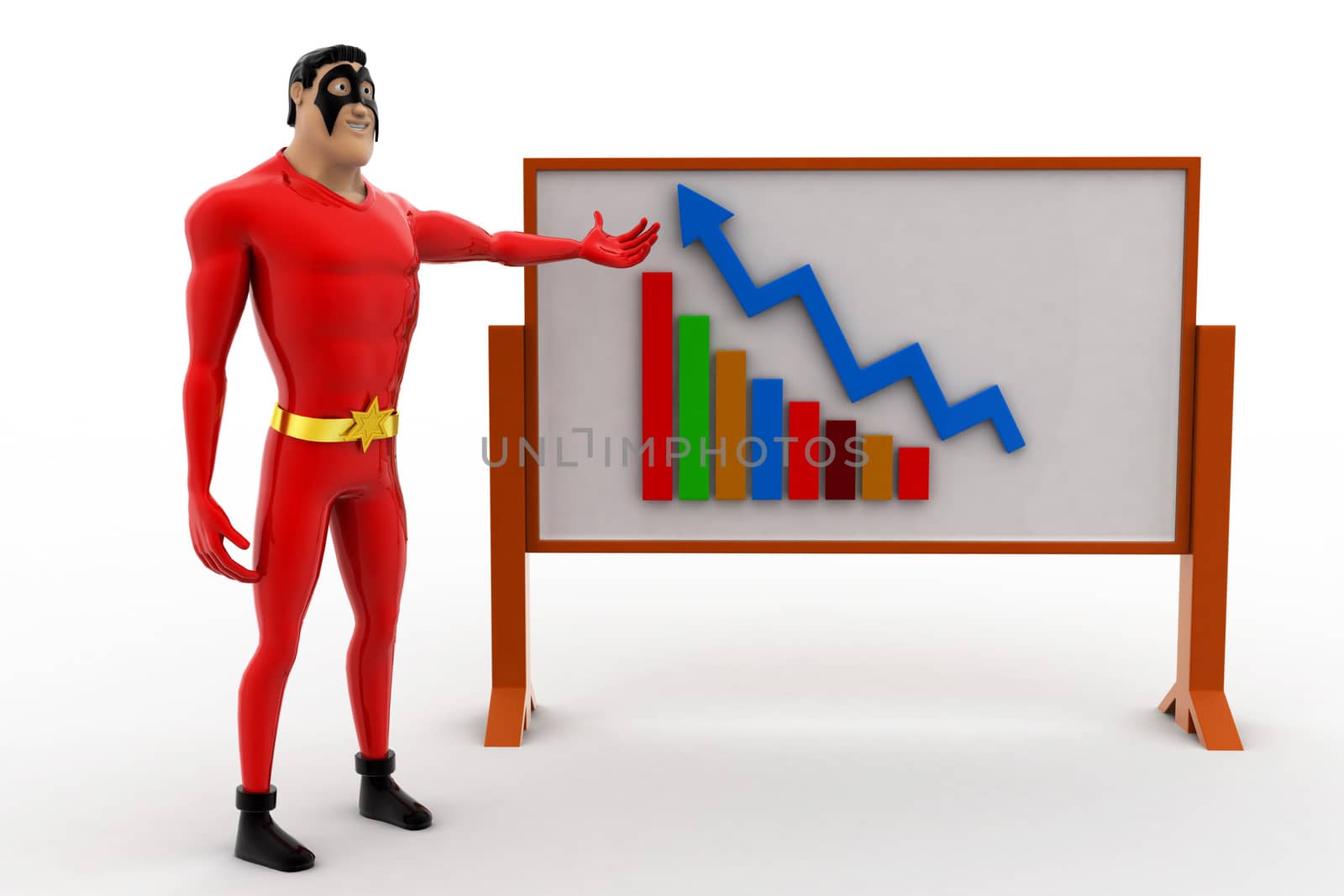 3d superhero present growth on graph on board concept by touchmenithin@gmail.com