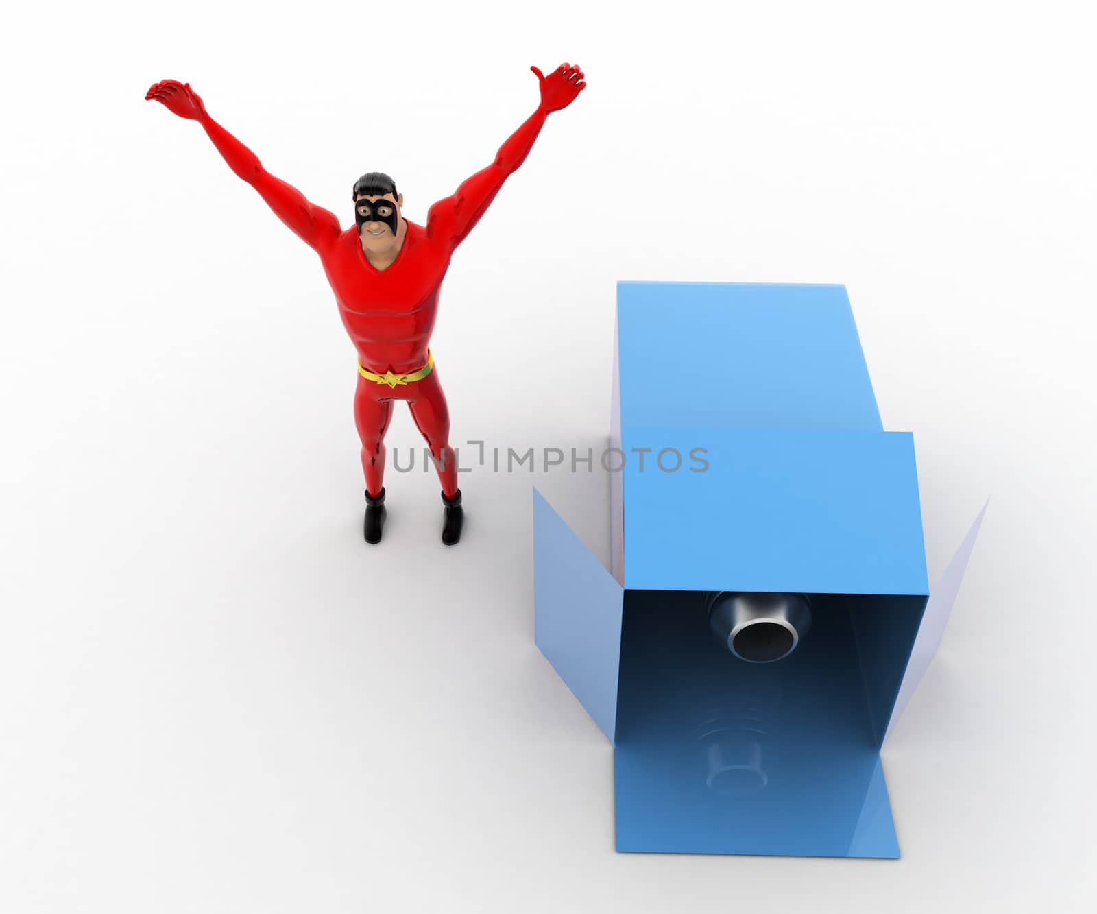 3d superhero with canon inside box concept by touchmenithin@gmail.com