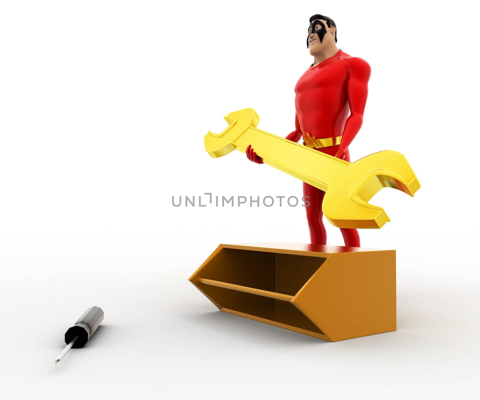 3d superhero found golden wrench in tool box concept by touchmenithin@gmail.com
