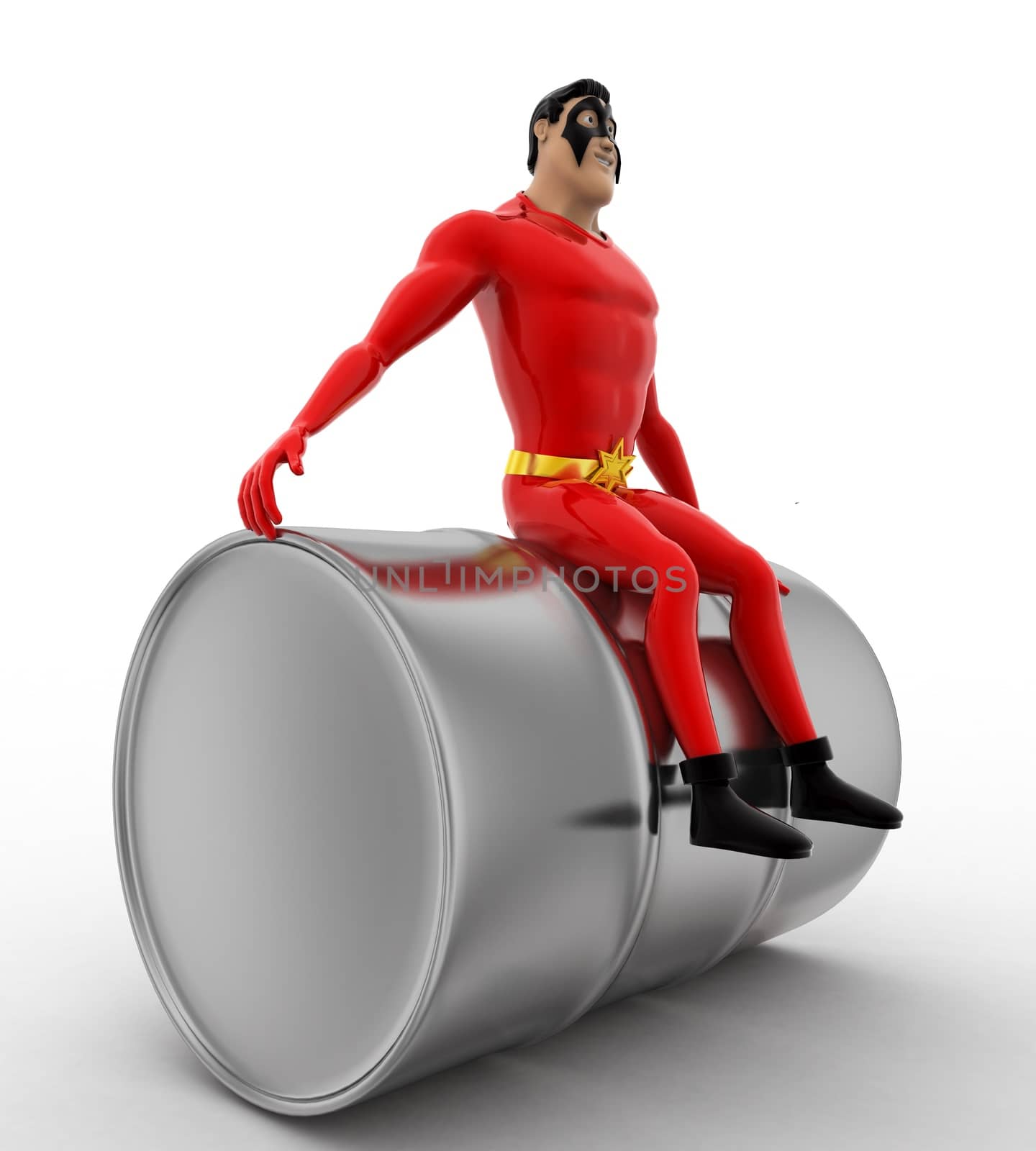 3d superhero sitting steel barrel concept on white background,  side angle view