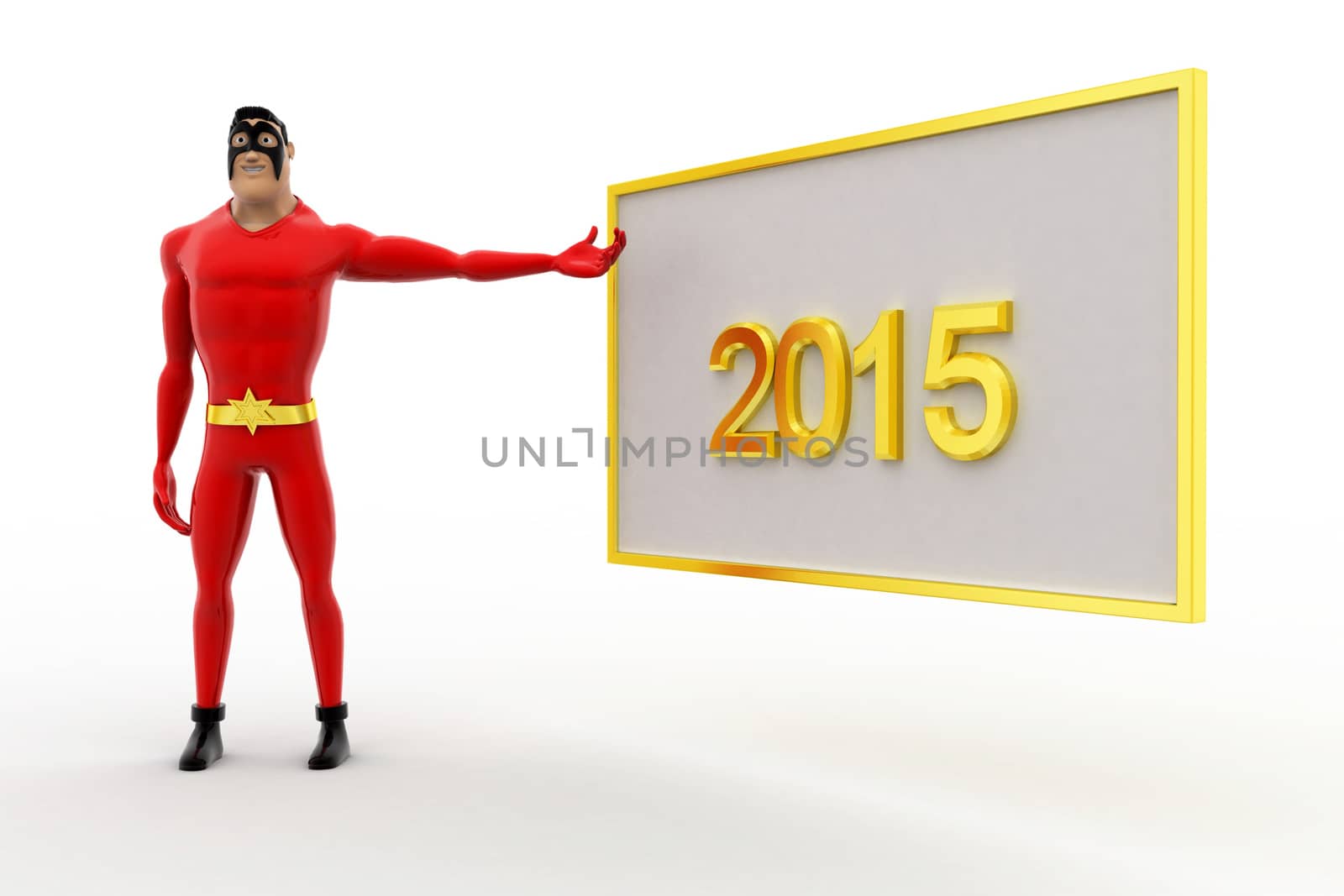 3d superhero poininting at 2015 board concept on white background, side angle view