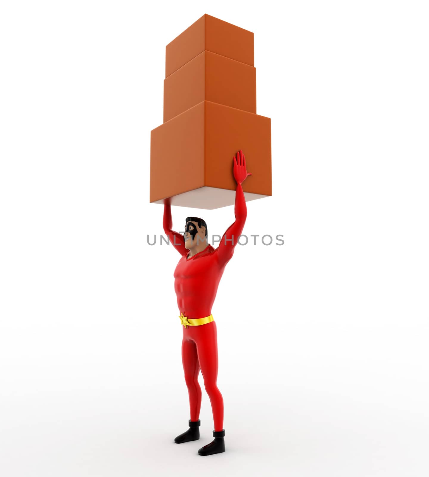 3d superhero carry three boxes togther concept on white background, side angle view