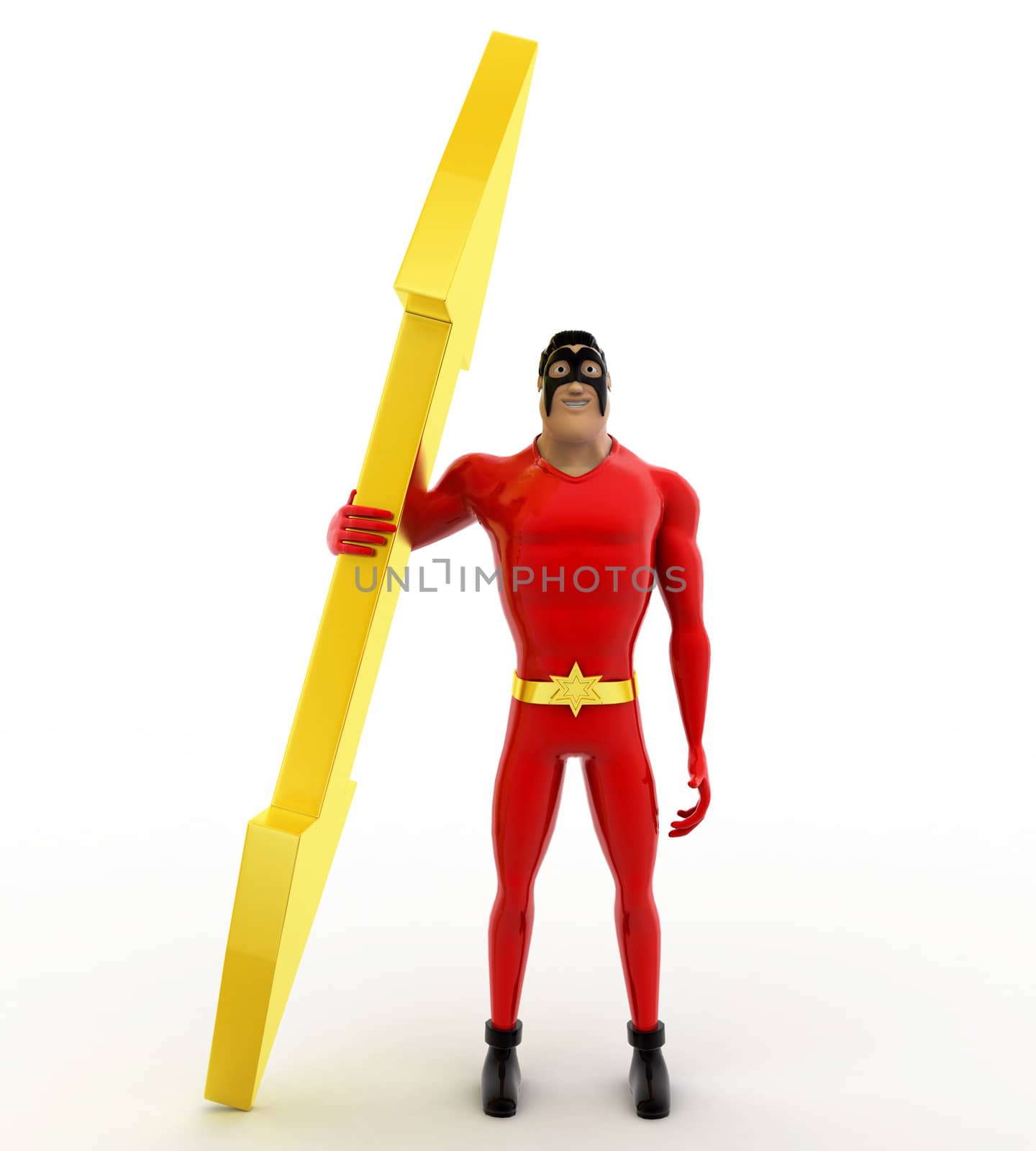 3d superhero with bidirection arrow concept on white background, front angle view