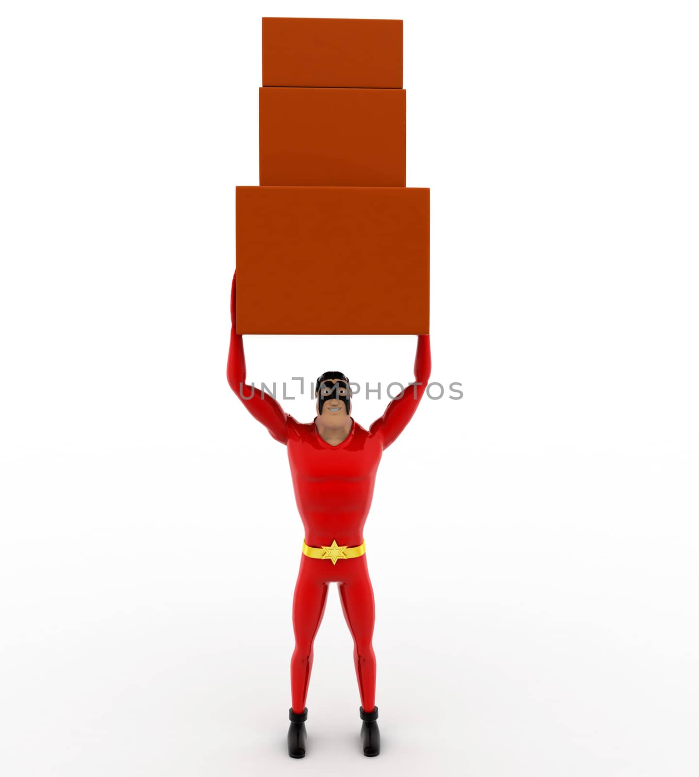 3d superhero carry three boxes togther concept by touchmenithin@gmail.com