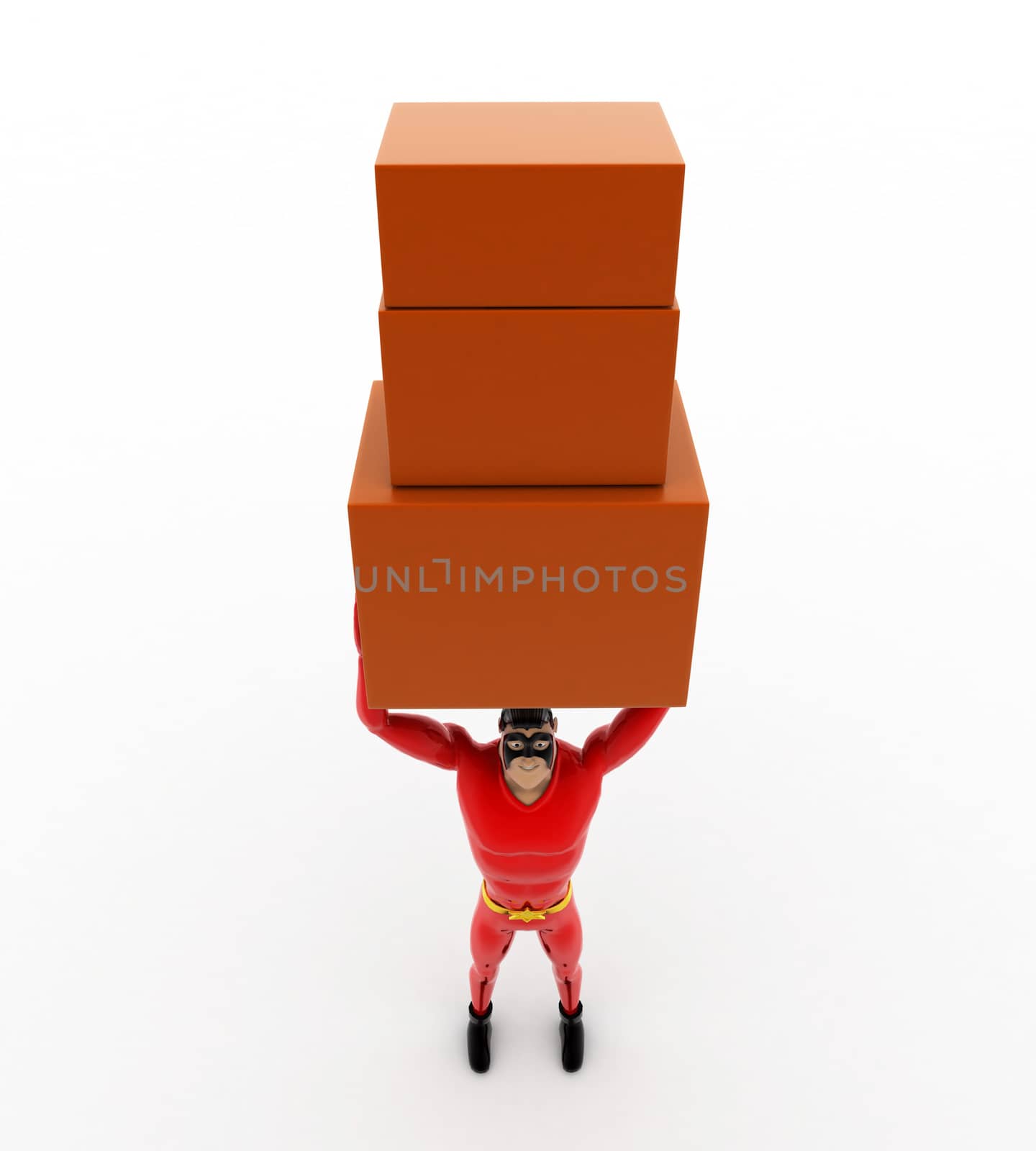 3d superhero carry three boxes togther concept by touchmenithin@gmail.com