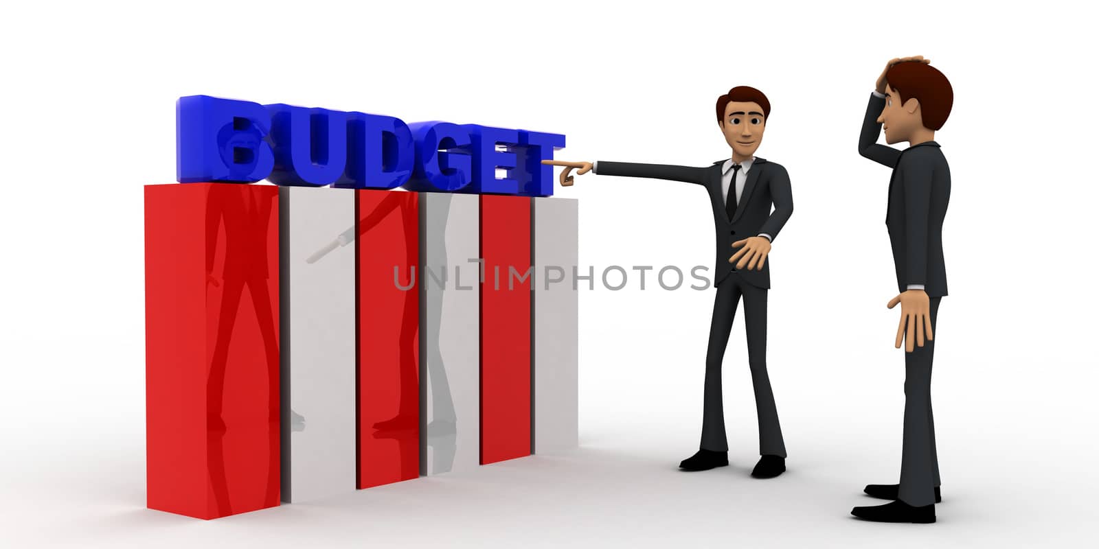 3d man discuss budget plan concept on white background, front angle view