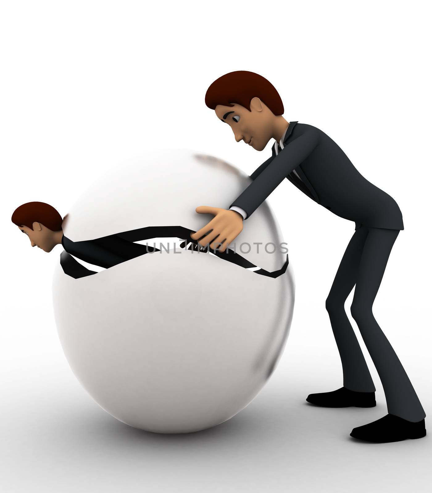 3d man try to hide body inside sphere concept on white background, side angle view
