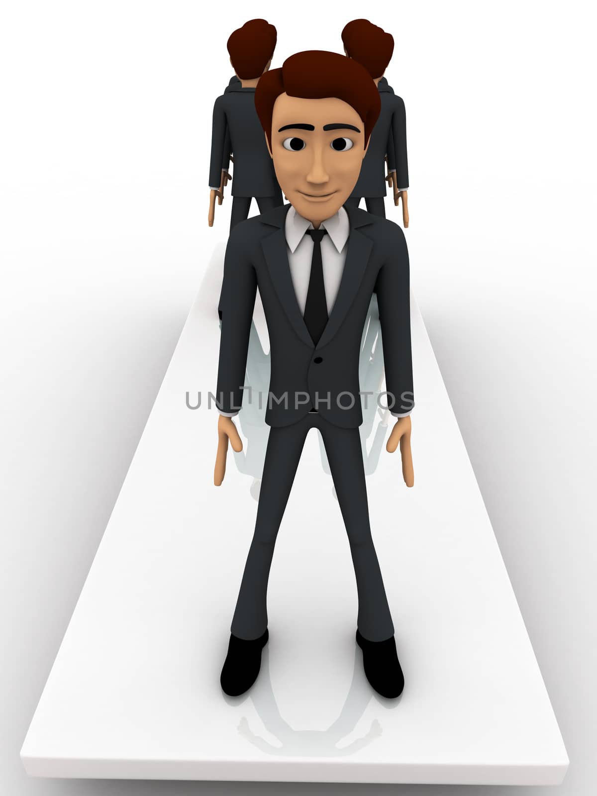 3d men standing seesaw one man on on side and group of men on other side concept on white background, back angle view
