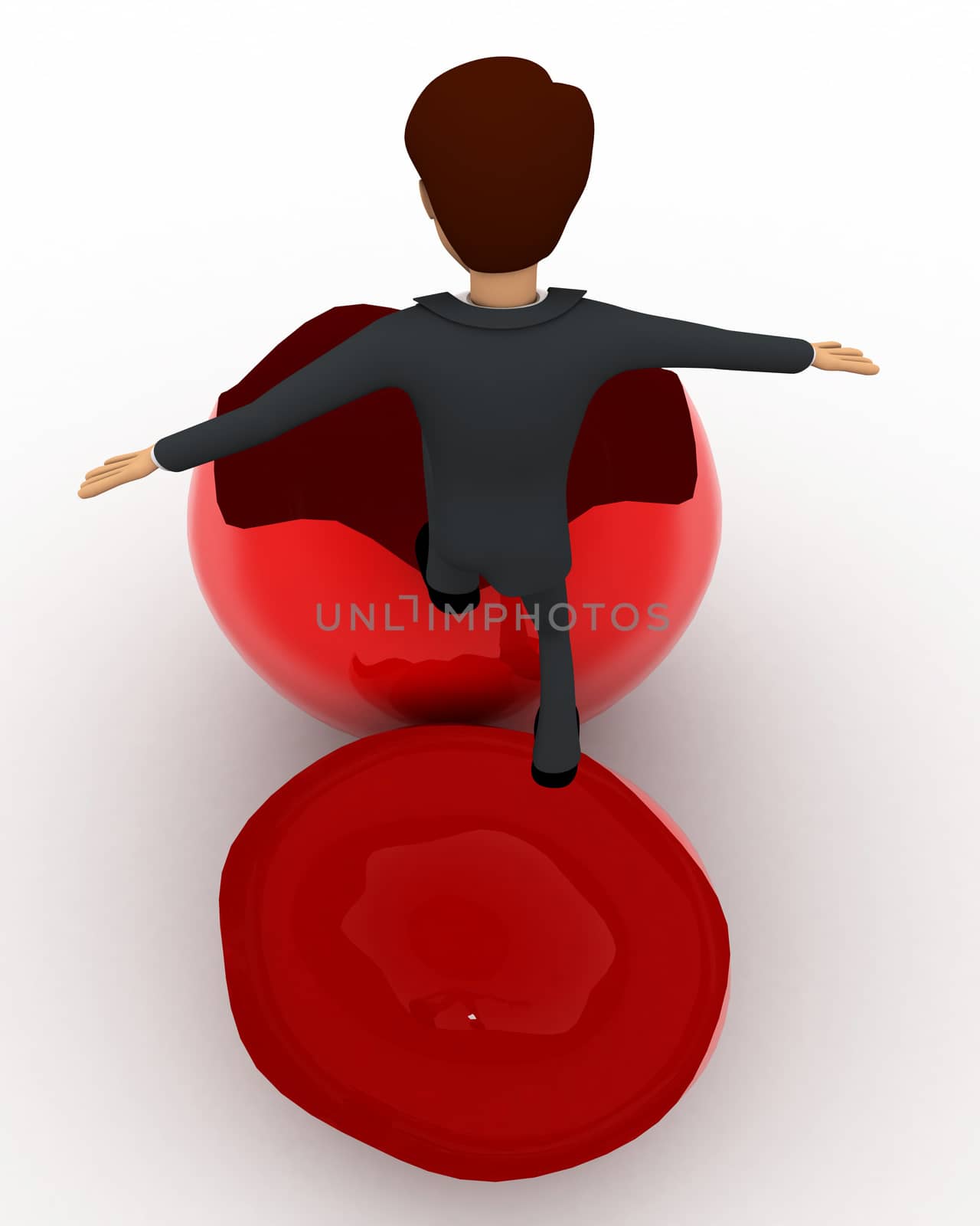 3d man trying to go inside broken red egg  concept on white background, top angle view