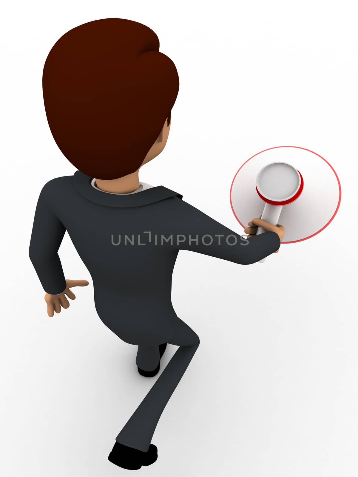 3d man walking with speaker in hand concept on white background, topangle view