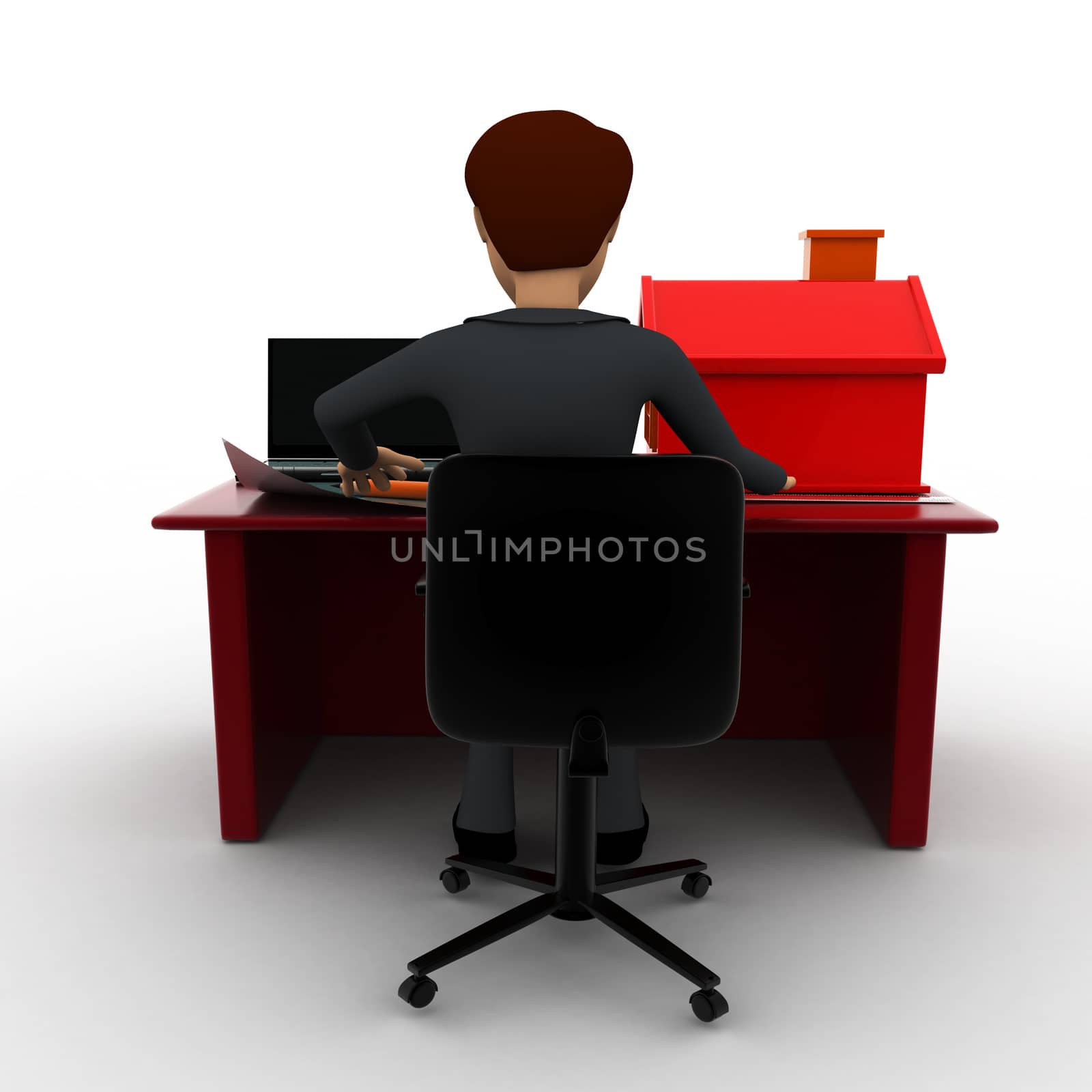 3d man making home plan on laptop with small model of house on talbe concept on white background, back angle view