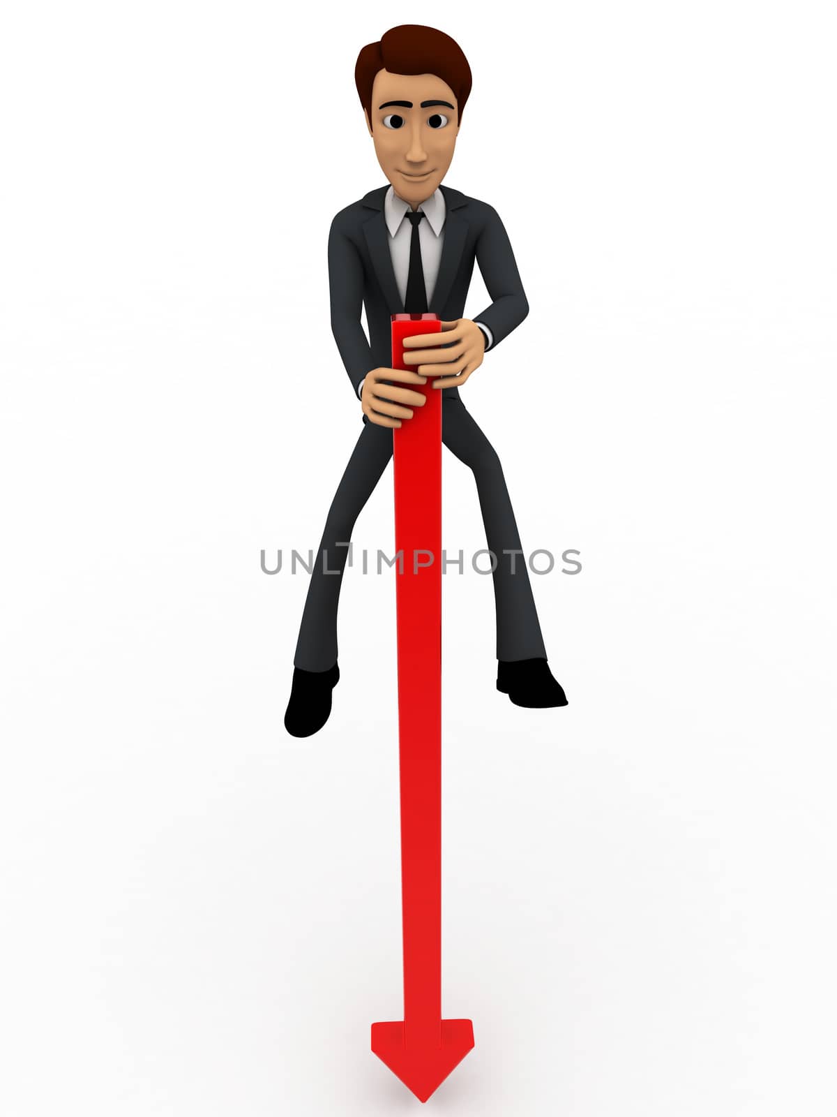 3d man standing on long red arrow concept on white background, front angle view