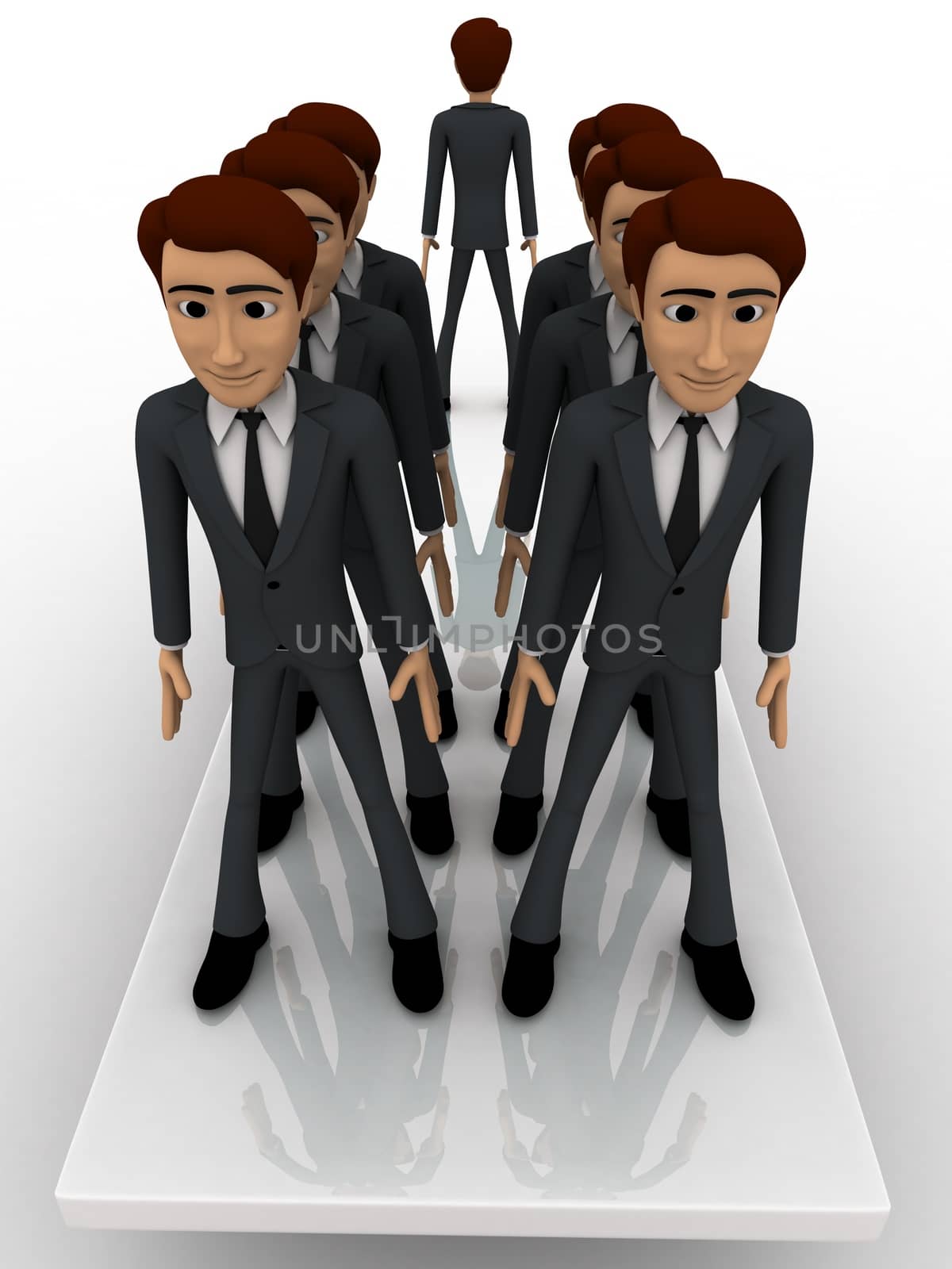 3d men standing seesaw one man on on side and group of men on other side concept on white background, front angle view