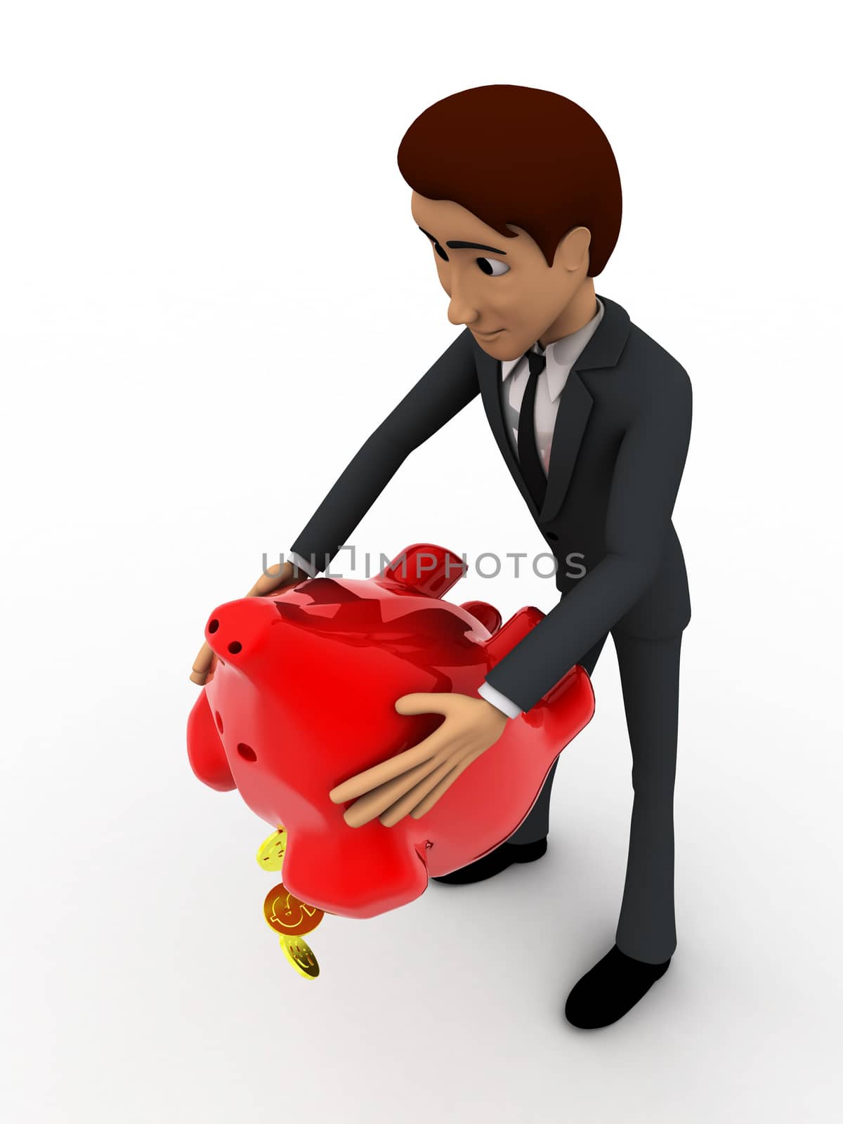 3d man taking out golden coins from red piggybank concept by touchmenithin@gmail.com